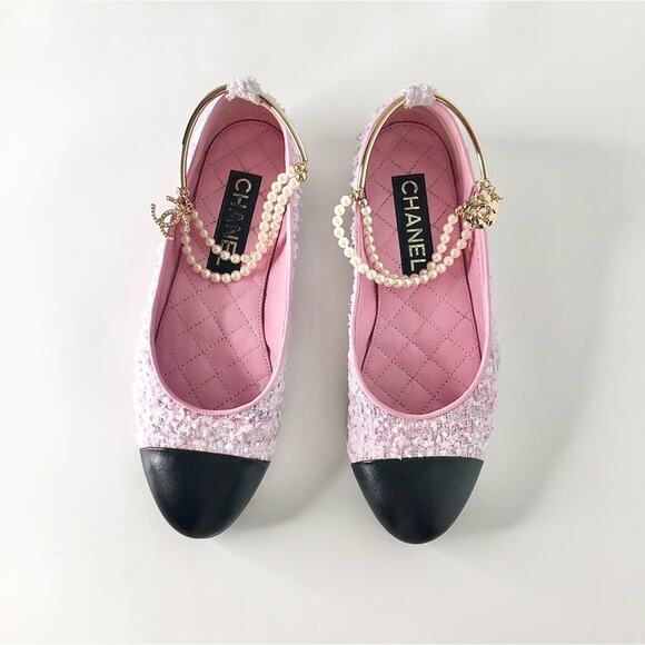 Chanel CC Logo Camellia Charm Pearl Chain Pink Tweed Cap Toe Ballerina Flats 37 - Picture 3 of 13